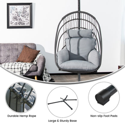 Hanging Folding Egg Chair with Stand Soft Cushion Pillow Swing Hammock-Gray