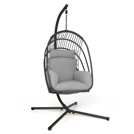 Hanging Folding Egg Chair with Stand Soft Cushion Pillow Swing Hammock-Gray