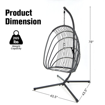 Hanging Folding Egg Chair with Stand Soft Cushion Pillow Swing Hammock-Gray