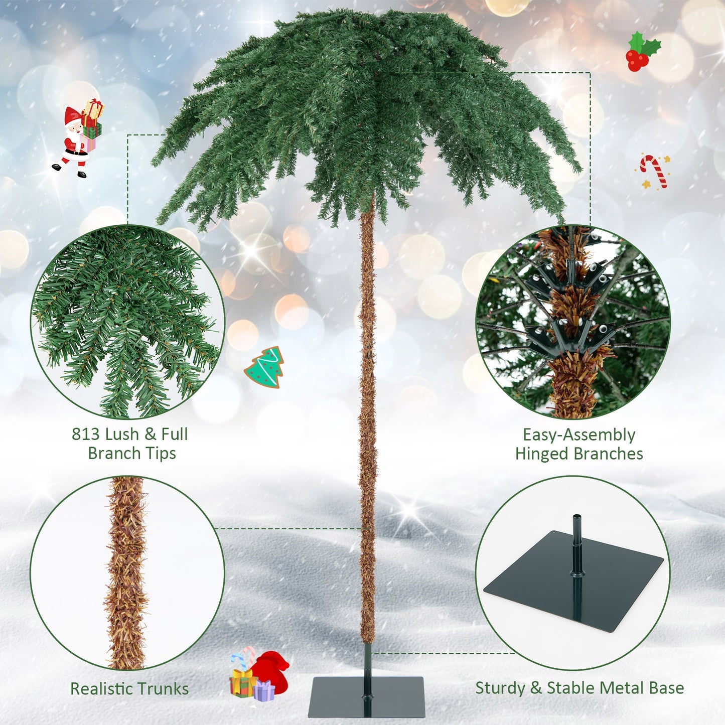 6 Feet Pre-Lit Xmas Palm Artificial Tree with 250 Warm-White LED Lights