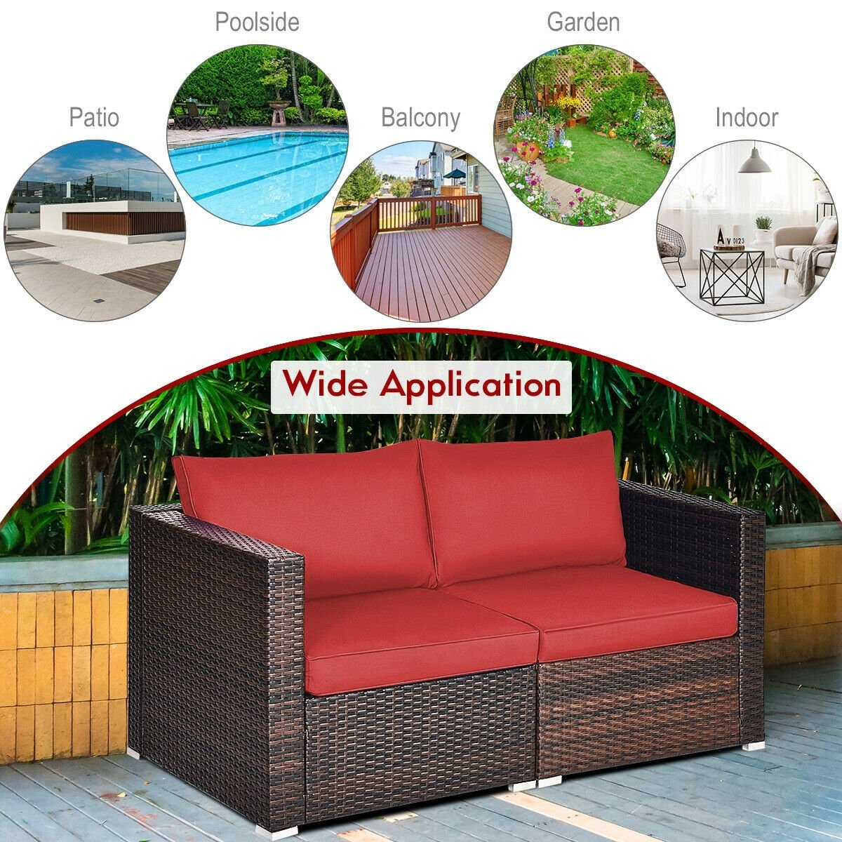 2 Pieces Patio Rattan Sectional Conversation Sofa Set-Beige