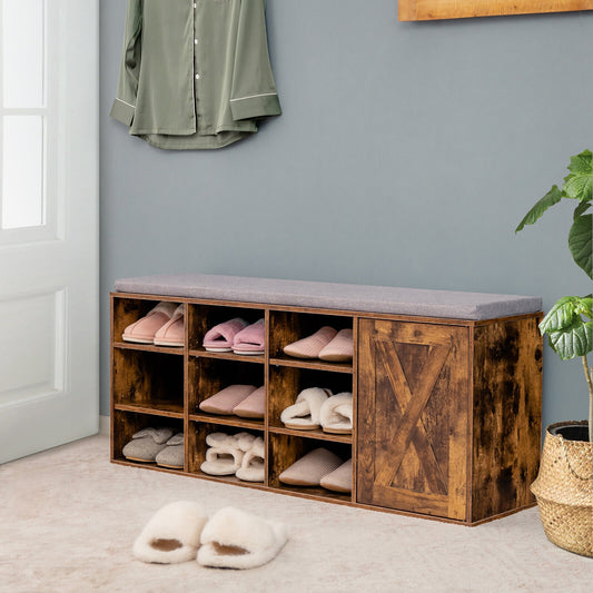 9-cube Adjustable Storage Shoe Bench with Padded Cushion-Rustic Brown