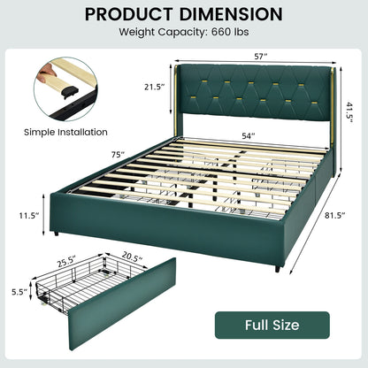 Full/Queen Size Upholstered Bed Frame with 4 Drawers-Green-Full Size