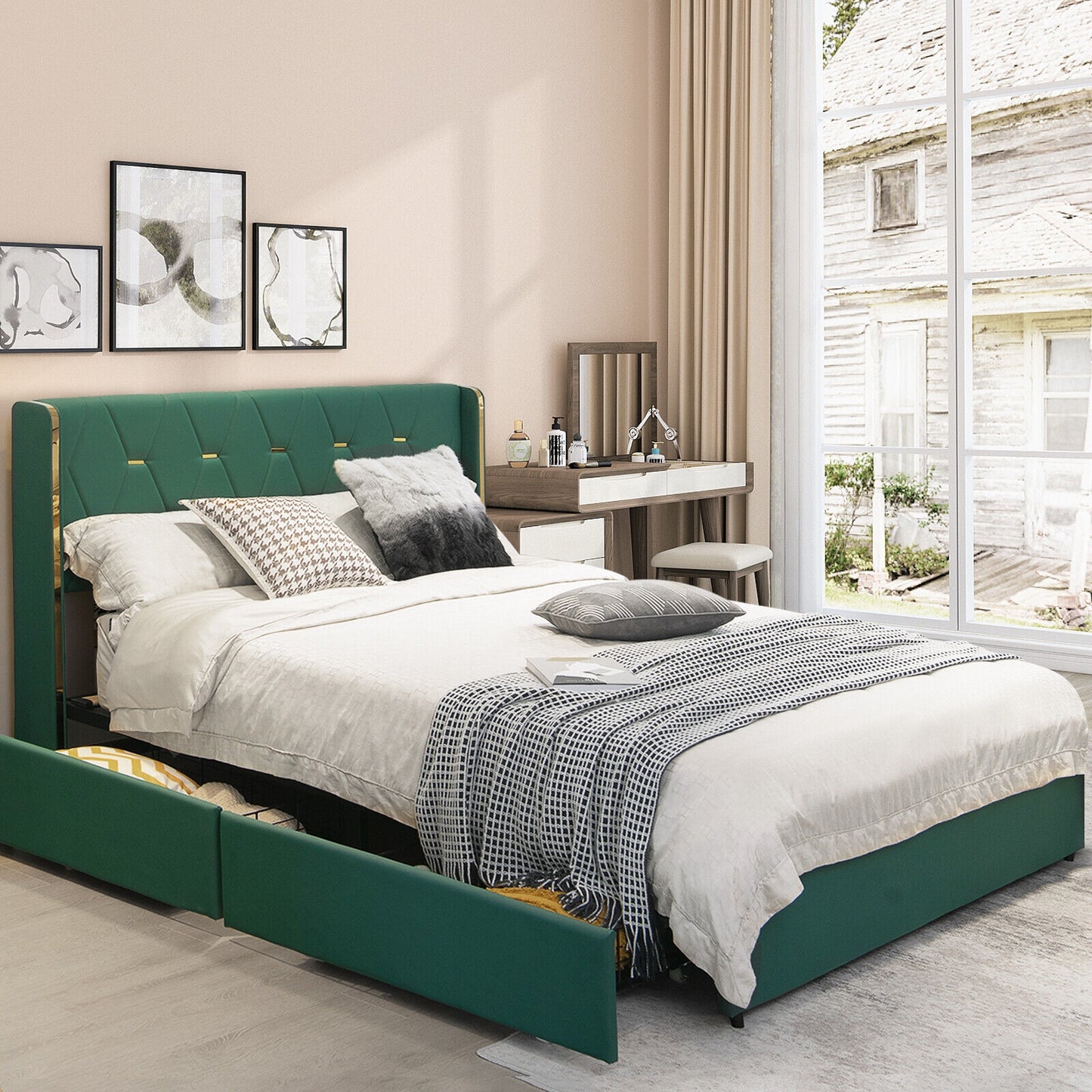 Full/Queen Size Upholstered Bed Frame with 4 Drawers-Green-Full Size