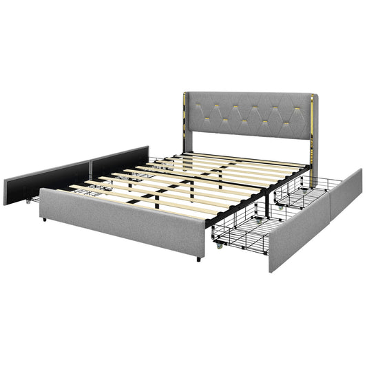 Full/Queen Size Upholstered Bed Frame with 4 Drawers-Silver-Full Size