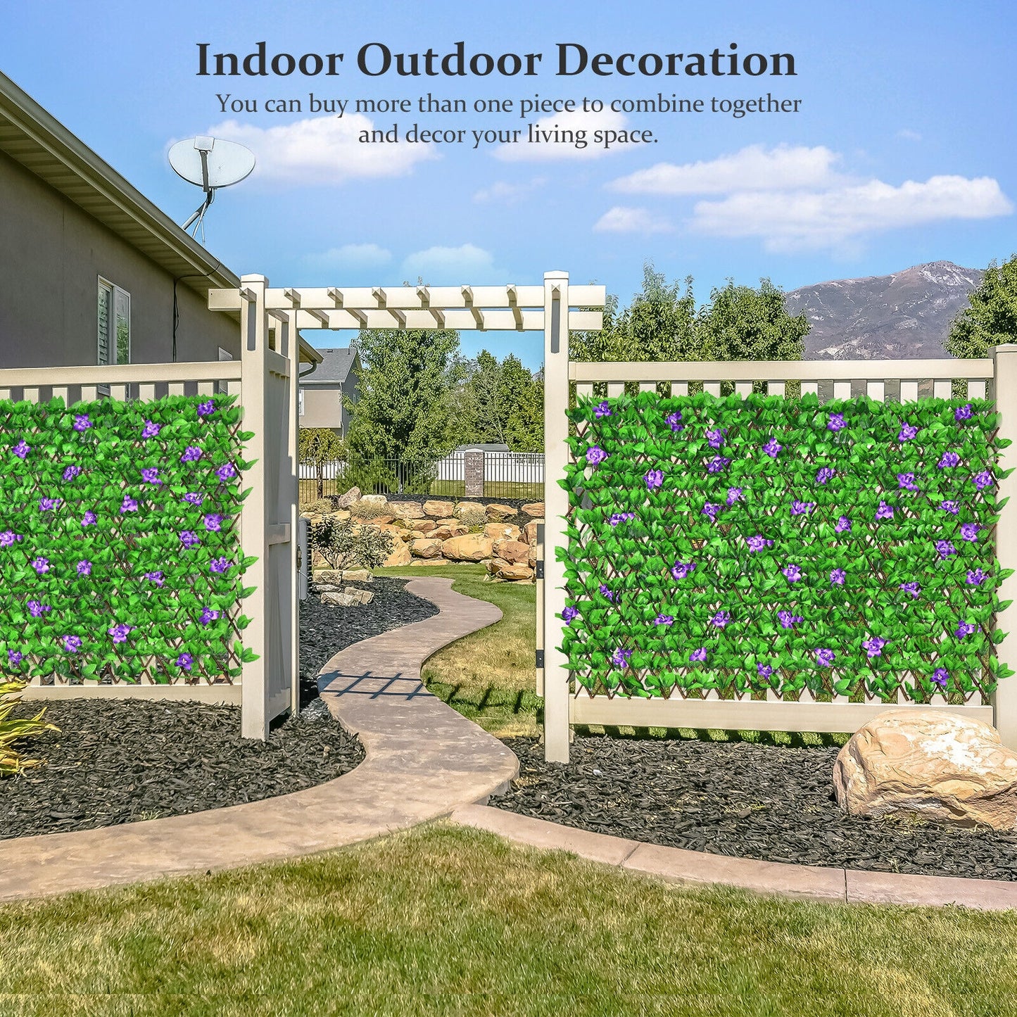 4 Pieces Expandable Faux Ivy Privacy Screen Fence Panel Pack with Flower-Purple