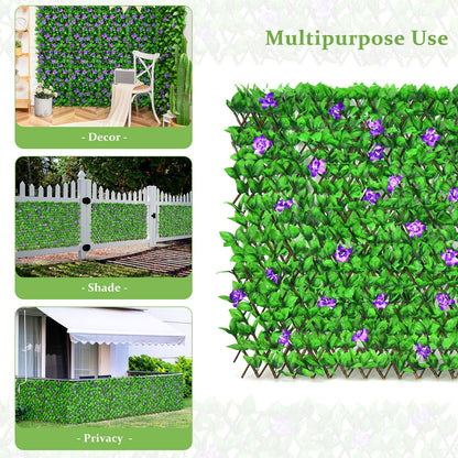 4 Pieces Expandable Faux Ivy Privacy Screen Fence Panel Pack with Flower-Purple