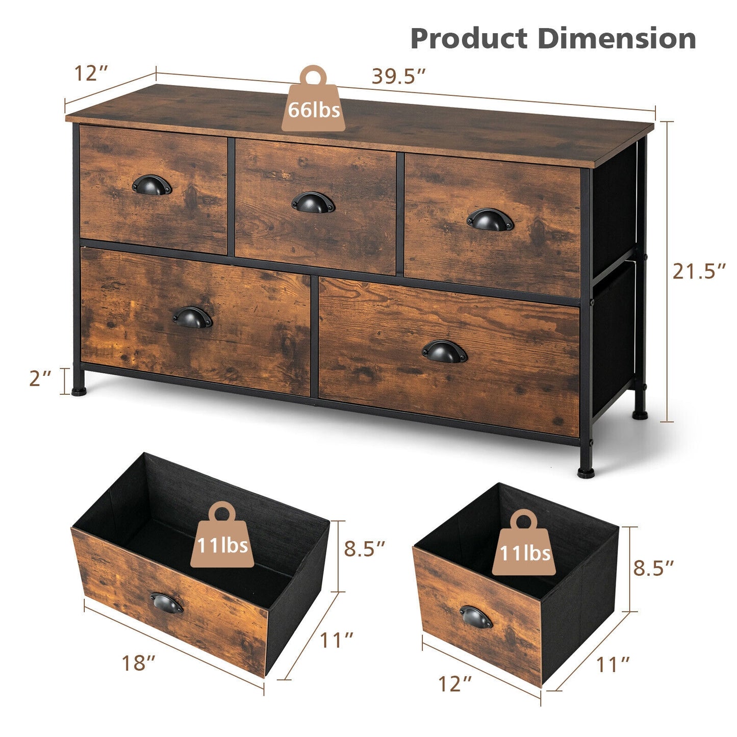 Dresser Organizer with 5 Drawers and Wooden Top-Rustic Brown