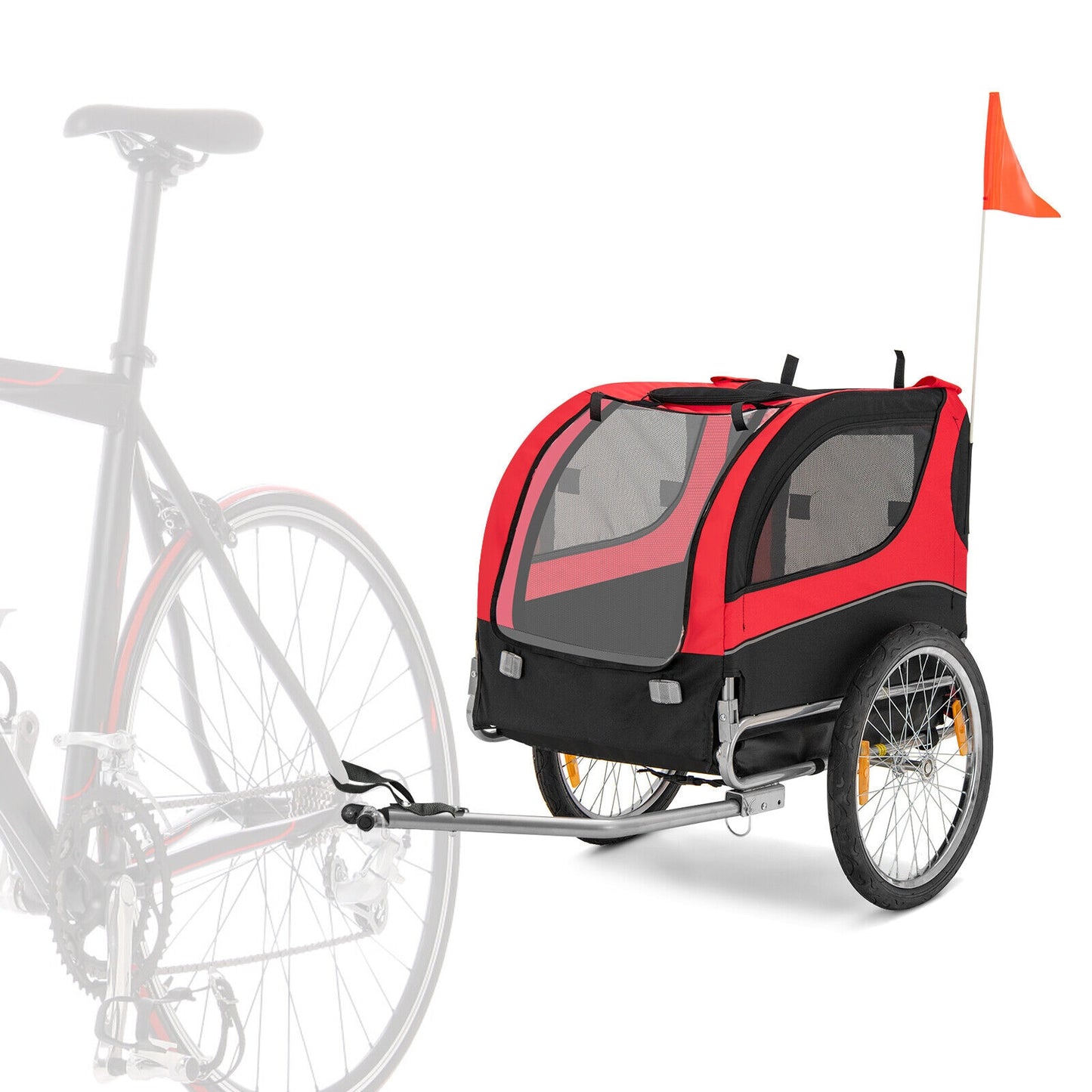 Dog Bike Trailer Foldable Pet Cart with 3 Entrances for Travel-Red