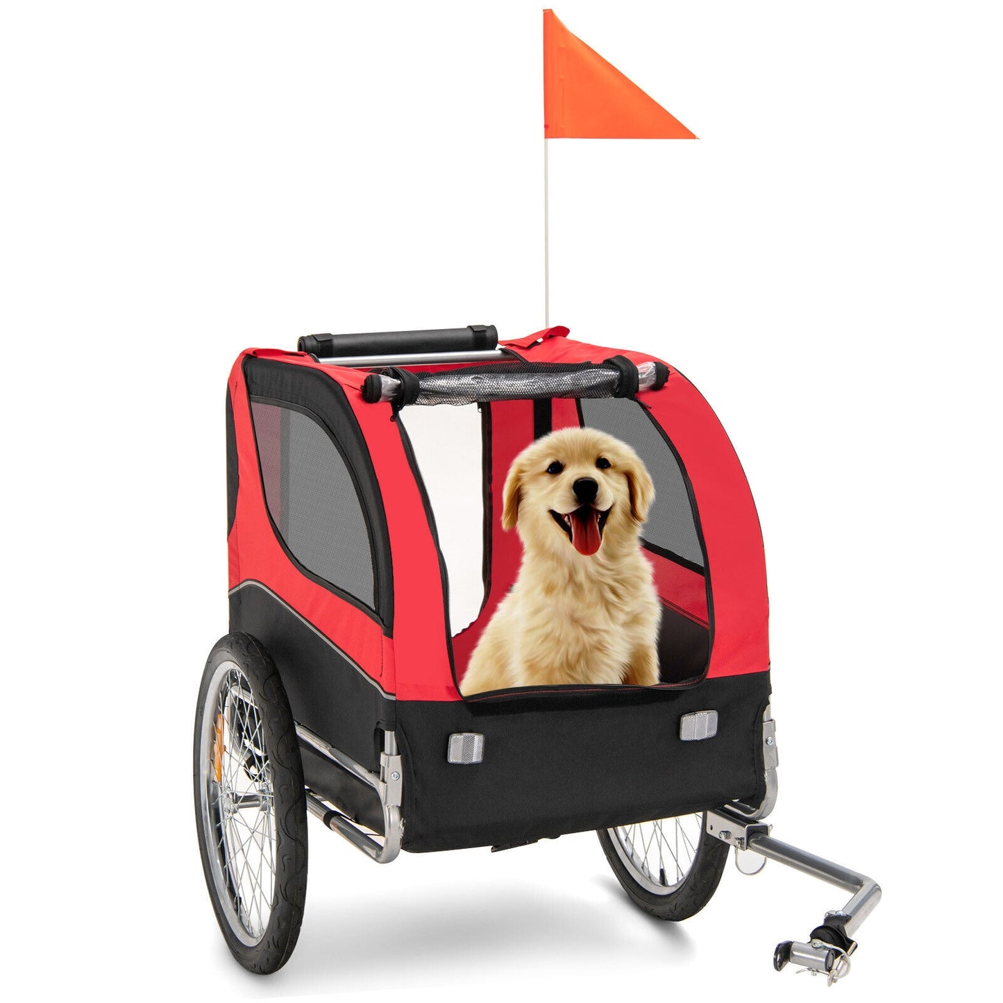 Dog Bike Trailer Foldable Pet Cart with 3 Entrances for Travel-Red