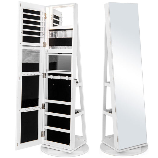 360° Rotating Mirrored Jewelry Cabinet Armoire 3 Color LED Modes Lockable-White
