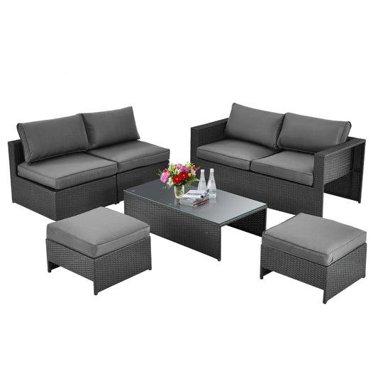 6 Pieces Patio Rattan Furniture Set Space Saving Cushioned No Assembly-Gray