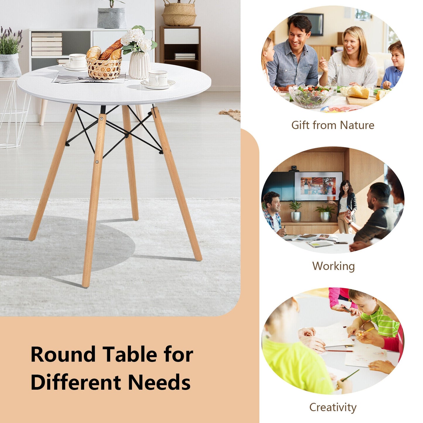 Round Modern Dining Table with Solid Wooden Leg-White