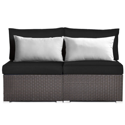 2 Pieces Patio Rattan Armless Sofa Set with 2 Cushions and 2 Pillows-Black