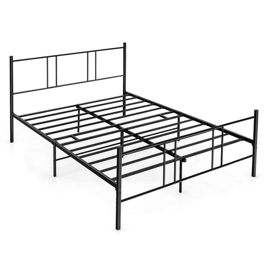 Full size platform bed frame with high headboard, featuring a simple design and sturdy construction in a modern bedroom setting.