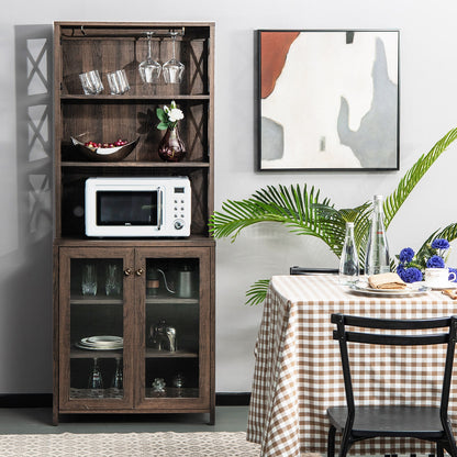 Tall Freestanding Bar Cabinet Buffet with Glass Holder and Adjustable Shelf-Gray