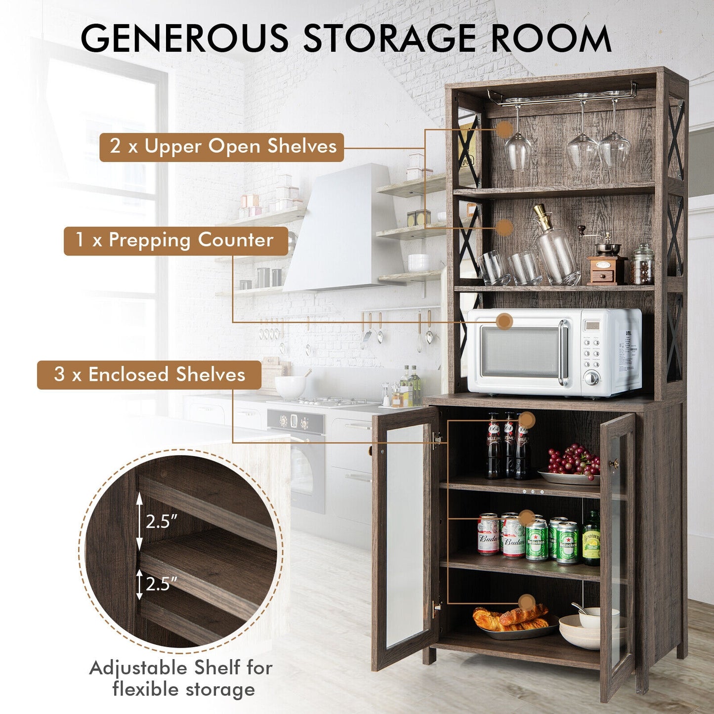 Tall Freestanding Bar Cabinet Buffet with Glass Holder and Adjustable Shelf-Gray