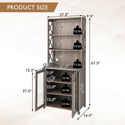 Tall Freestanding Bar Cabinet Buffet with Glass Holder and Adjustable Shelf-Gray
