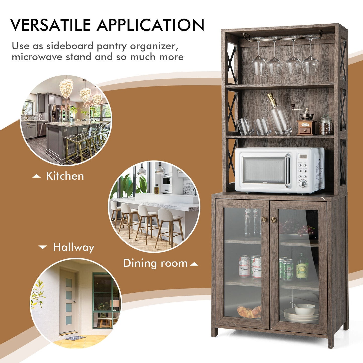 Tall Freestanding Bar Cabinet Buffet with Glass Holder and Adjustable Shelf-Gray