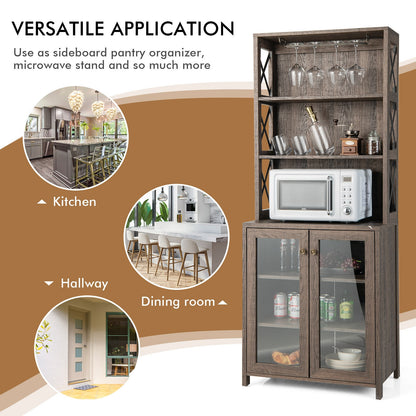 Tall Freestanding Bar Cabinet Buffet with Glass Holder and Adjustable Shelf-Gray