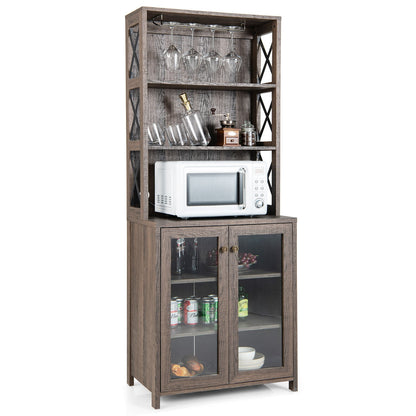 Tall Freestanding Bar Cabinet Buffet with Glass Holder and Adjustable Shelf-Gray