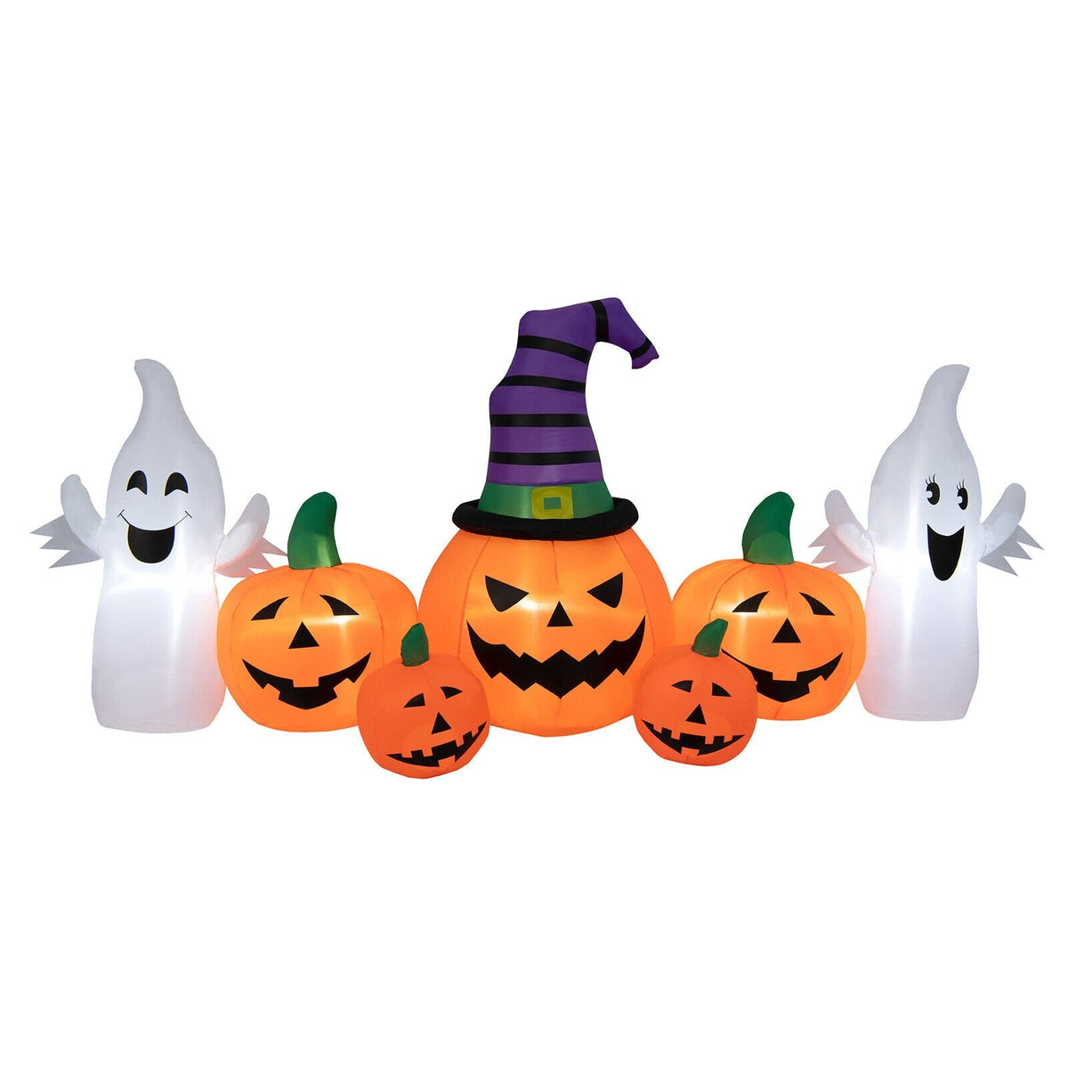 9-foot Halloween inflatable pumpkins with two ghosts, outdoor holiday decor by Wilsons Home Store, illuminated for spooky effect