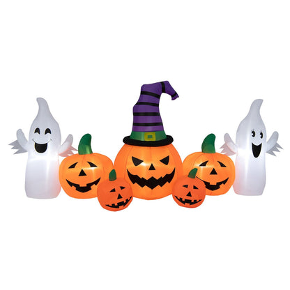 9-foot Halloween inflatable pumpkins with two ghosts, outdoor holiday decor by Wilsons Home Store, illuminated for spooky effect