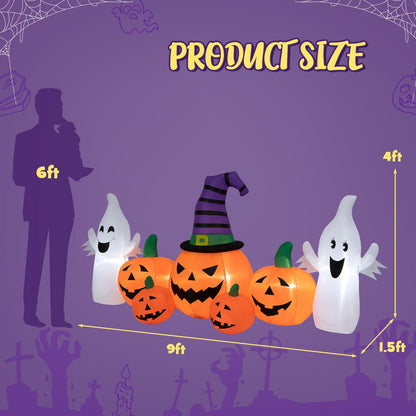9-foot Halloween inflatable pumpkins with two ghosts, outdoor holiday decor by Wilsons Home Store, illuminated for spooky effect