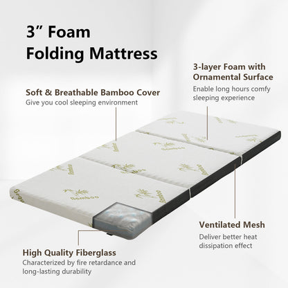 Queen 3 Inch Tri-fold Memory Foam Floor Mattress Topper Portable with Carrying Bag-S