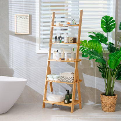 5-Tier Bamboo Ladder Shelf for Home Use-Brown