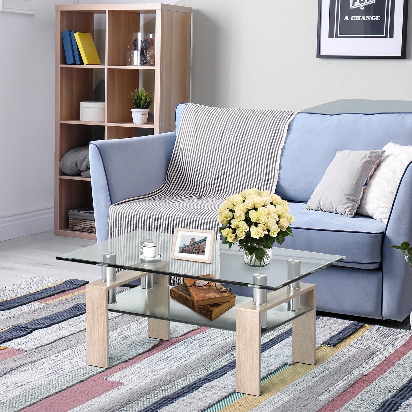 Rectangle Glass Coffee Table with Metal Legs for Living Room-Black