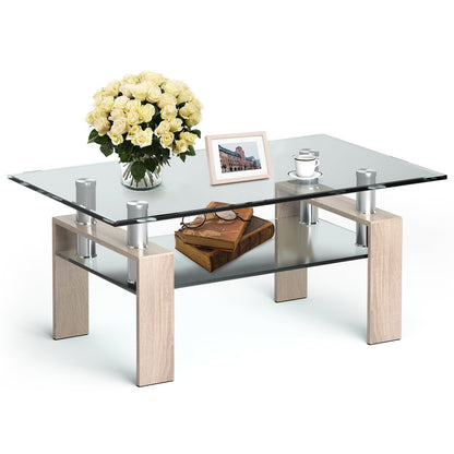Rectangle Glass Coffee Table with Metal Legs for Living Room-Black