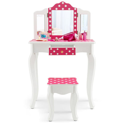 Kids Vanity Table and Stool Set with Cute Polka Dot Print-Pink