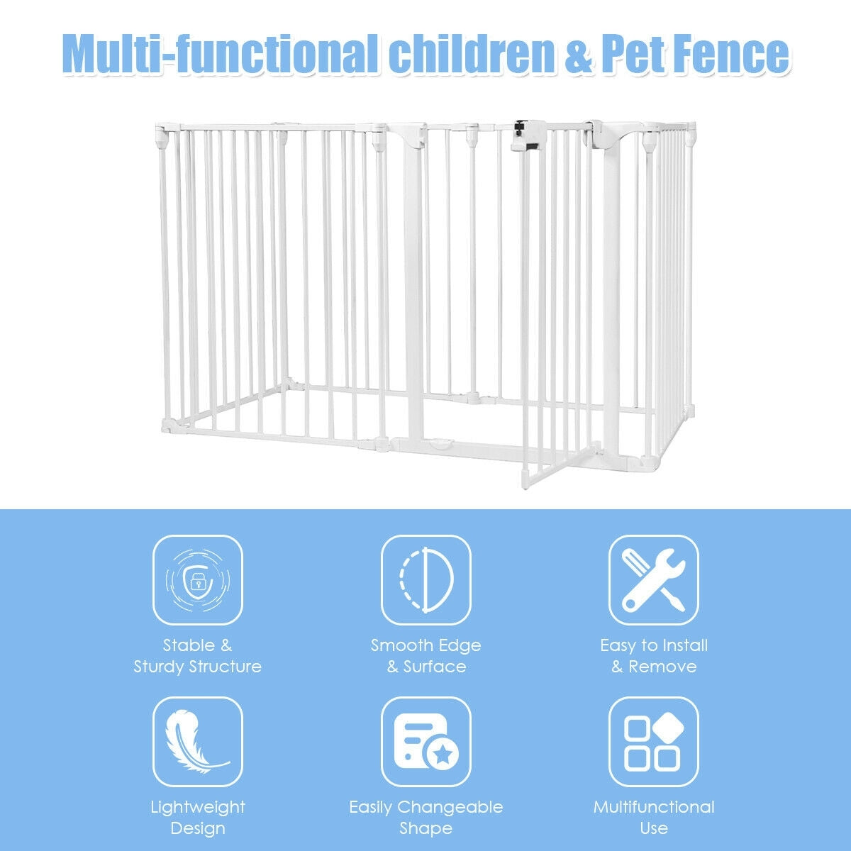 6 Panel Wall-mount Adjustable Baby Safe Metal  Fence Barrier-White