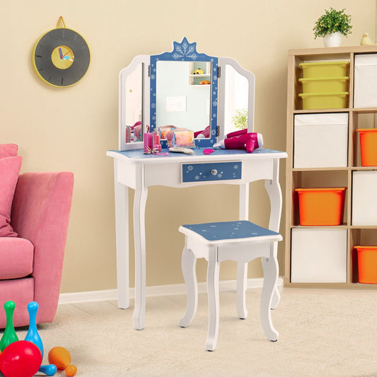 Princess Vanity Table and Chair Set with Tri-Folding Mirror and Snowflake Print-Blue