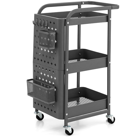 3-Tier Utility Storage Cart with DIY Pegboard Baskets-Gray