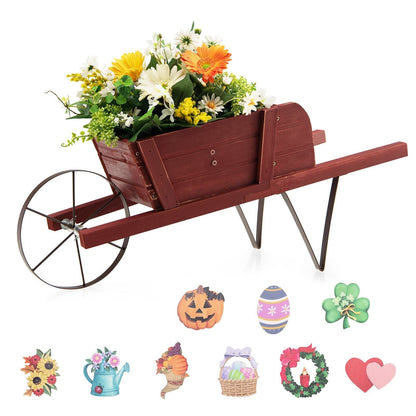 Wooden Wagon Planter with 9 Magnetic Accessories for Garden Yard-Blue