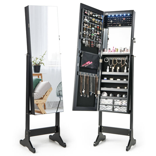 Free Standing Full Length Jewelry Armoire with Lights in Black