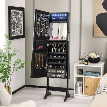 Free Standing Full Length Jewelry Armoire with Lights in Black