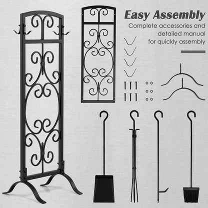 5 Piece Wrought Iron Fireplace Tools with Decor Holder-Black