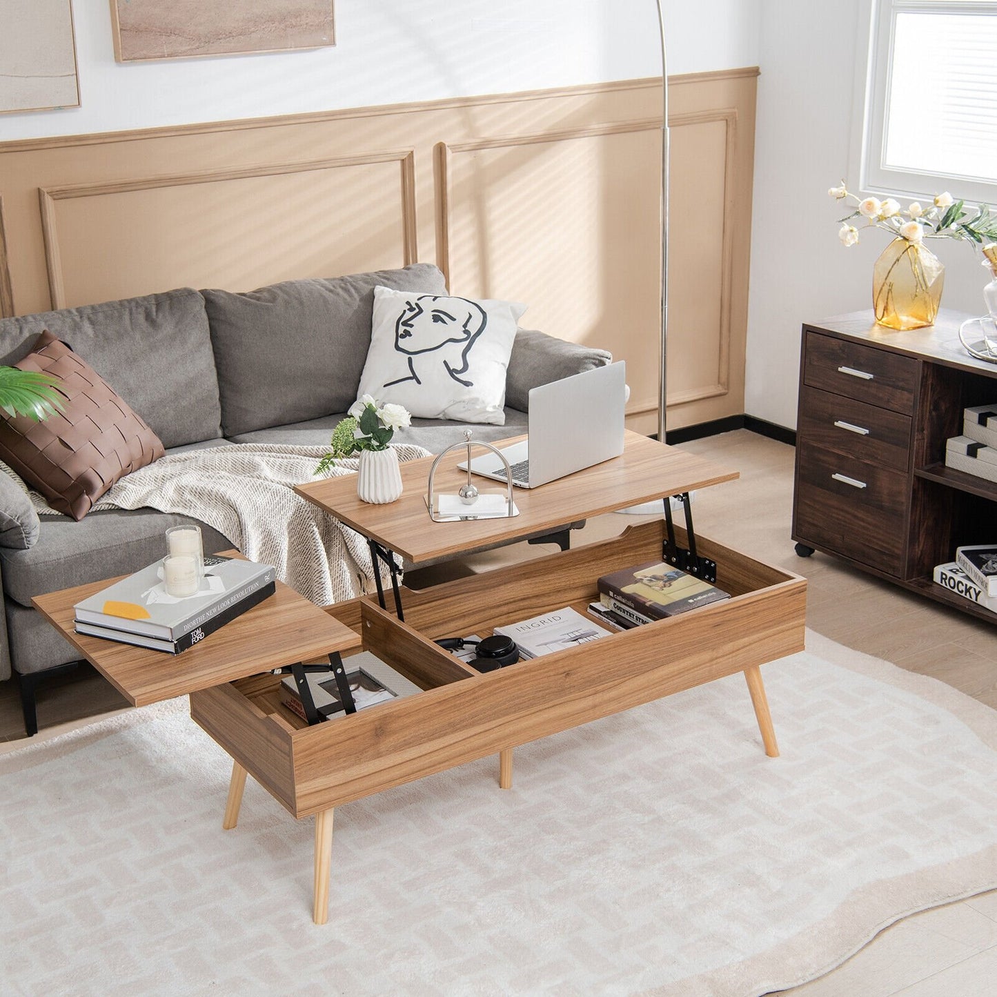 47 Inch Lift Top Coffee Table with 2 Hidden Compartments-Black
