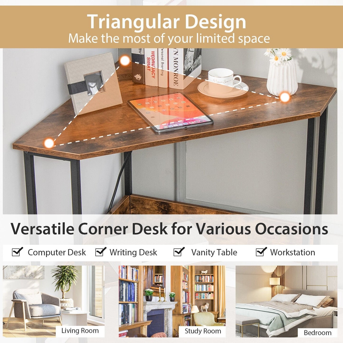 Triangle Computer Corner Desk with Charging Station-Black