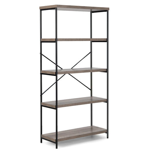 5-Tier Industrial Bookshelf Display Storage Rack with Metal Frame-Gray