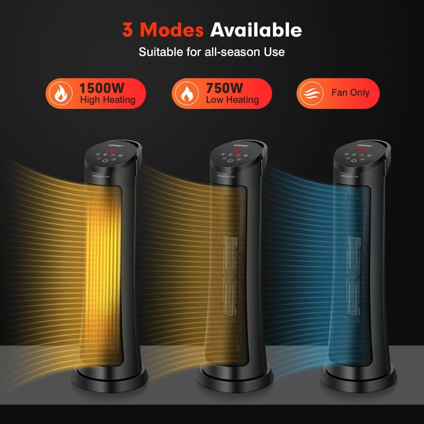 1500W PTC Fast Heating Space Heater with Remote Control-Black