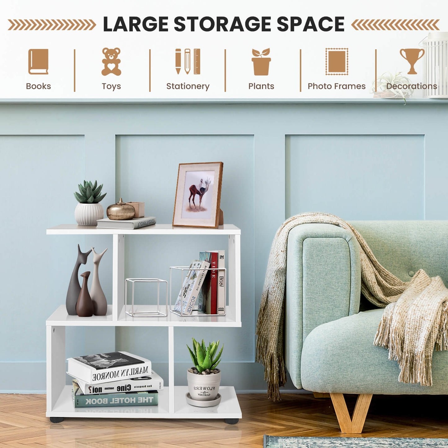 24 Inch 3-Tier Geometric Bookshelf with Thick Foot Pads-Black
