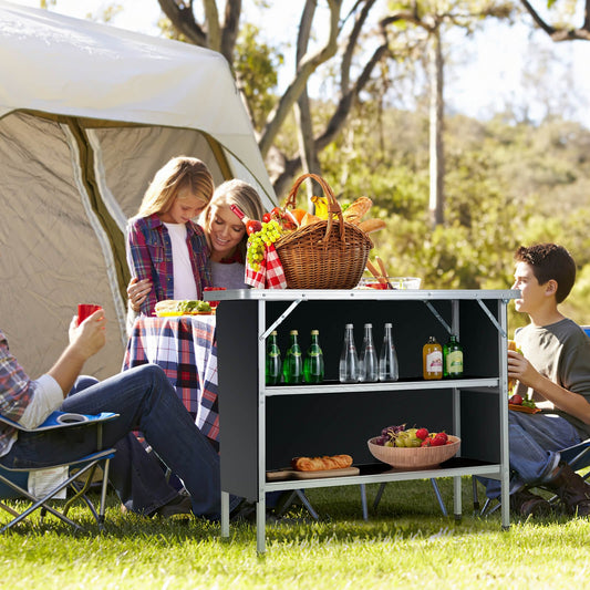 Folding Camping Table with 2-Tier Open Shelves for Outdoor BBQ-Black