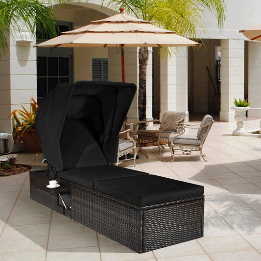 Outdoor Adjustable Cushioned Chaise Lounge Chair with Folding Canopy-Black