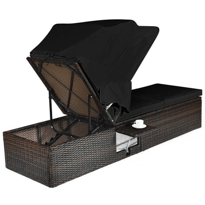 Outdoor Adjustable Cushioned Chaise Lounge Chair with Folding Canopy-Black