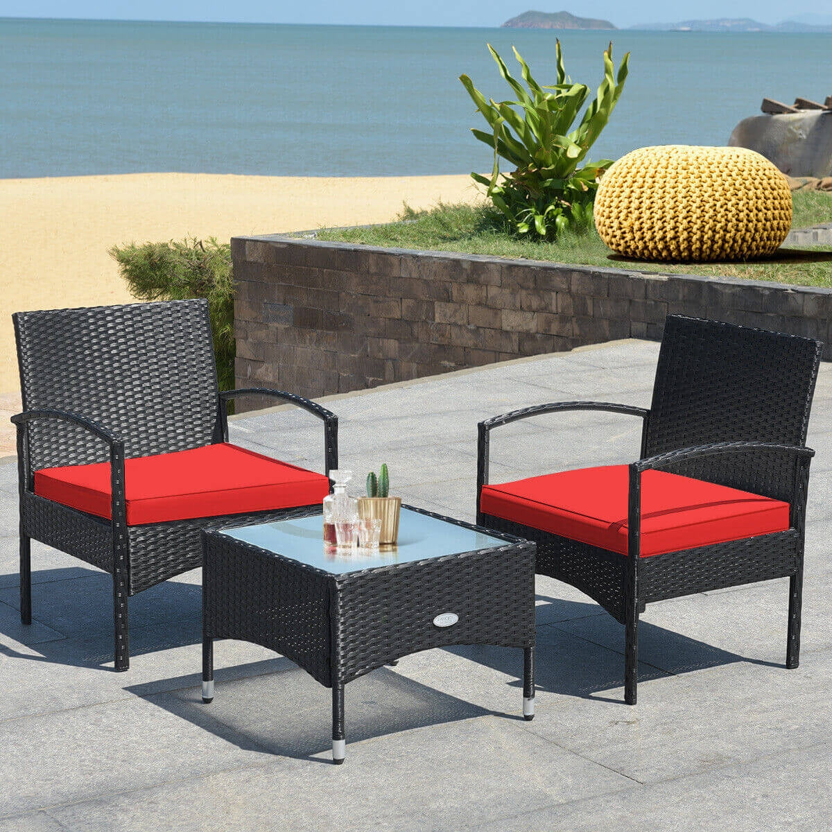 3 Pieces Patio Wicker Rattan Furniture Set with Cushion for Lawn Backyard-Gray