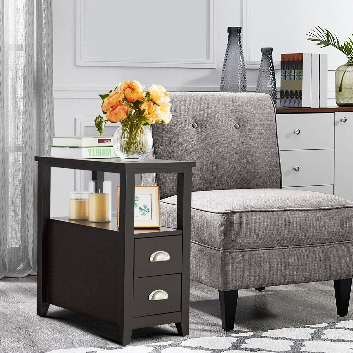 1 Piece End Table Wooden with 2 Drawers and Shelf Bedside Table-Brown